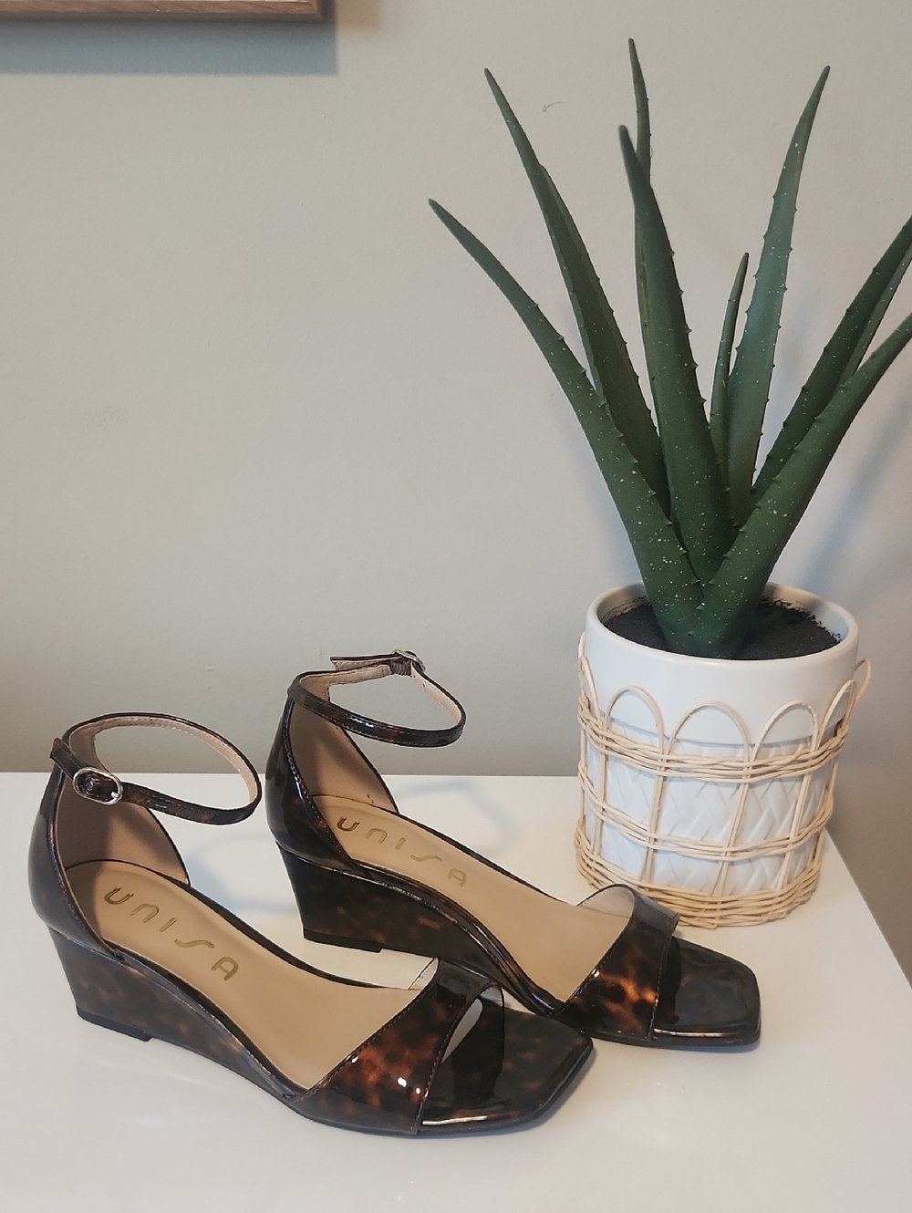 Unisa Tortoiseshell Patent Ankle-Strap Wedge Sandals